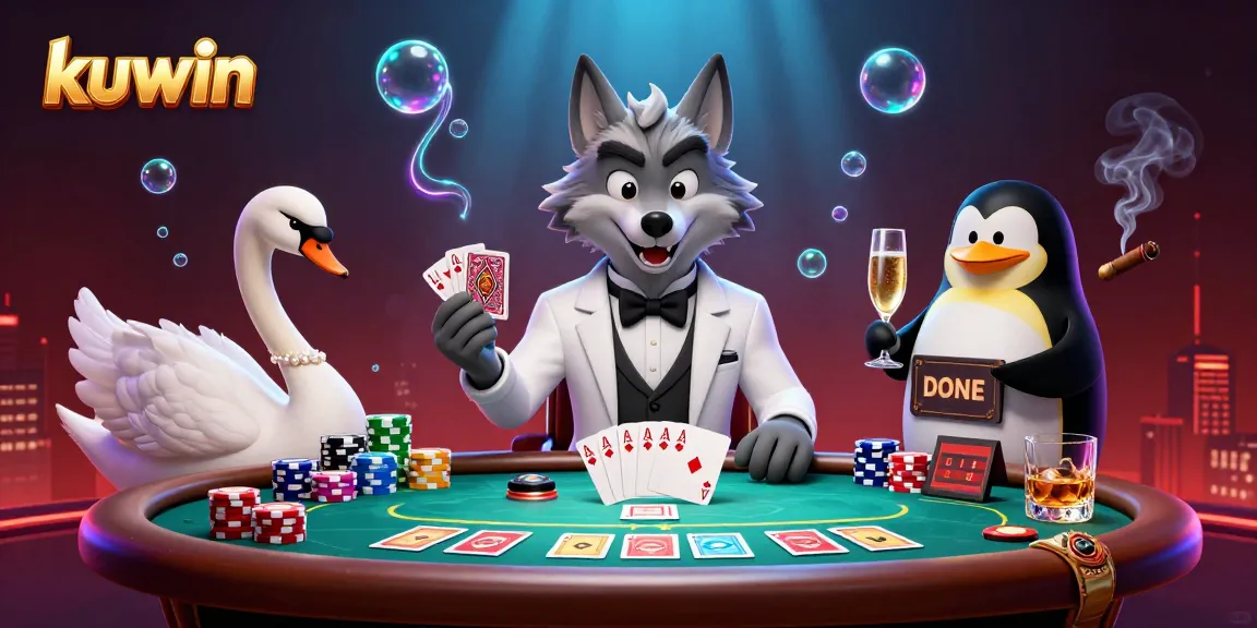 Kuwin's lively gaming scene featuring a debonair wolf, elegant swan, and a sophisticated penguin, combining to enhance the baccarat experience.