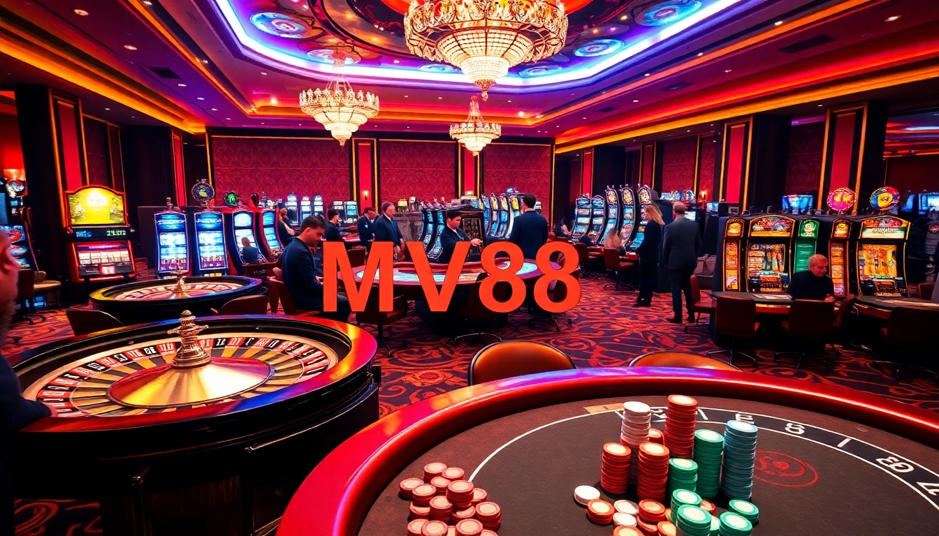 Experience the thrill of MV88 at a bustling casino, featuring vibrant gaming tables and lively players.