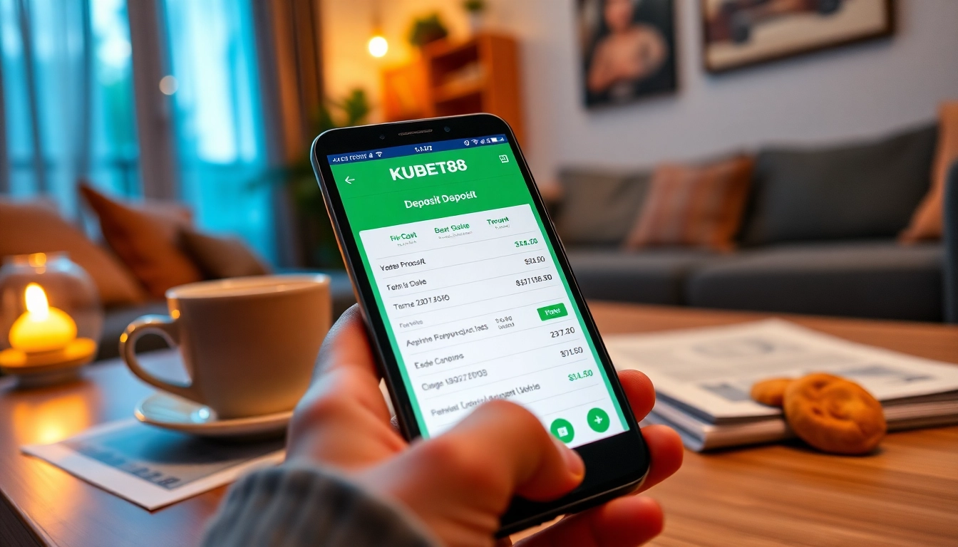 Nạp Tiền KUBET88 – Bước Thiết Yếu Để Trải Nghiệm Giải Trí with a smartphone showing the KUBET88 app in a cozy setting.