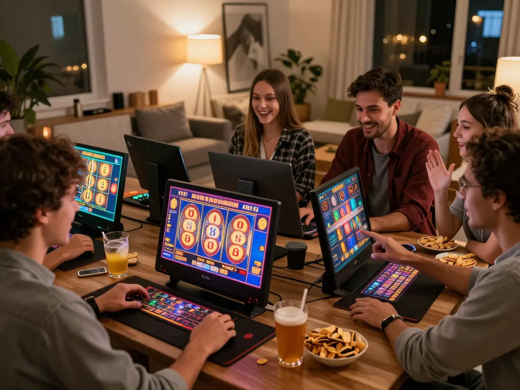 Playing Pragmatic Demo slot games on various devices with friends in a cozy home atmosphere