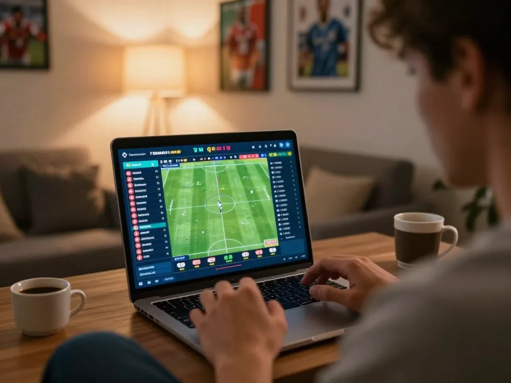 Engaged bettor analyzing odds on okfun mobile app during a sports event.