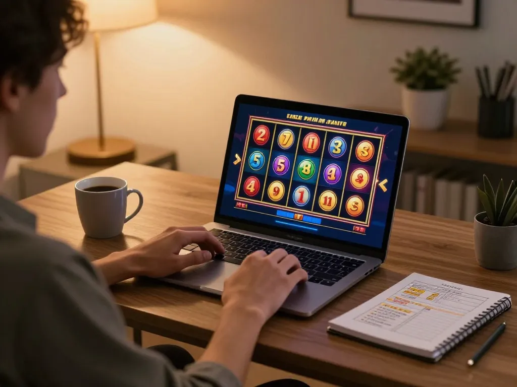 Engaging in online slot games at a stylish desk on 789win com, showcasing vibrant reels and strategic planning.