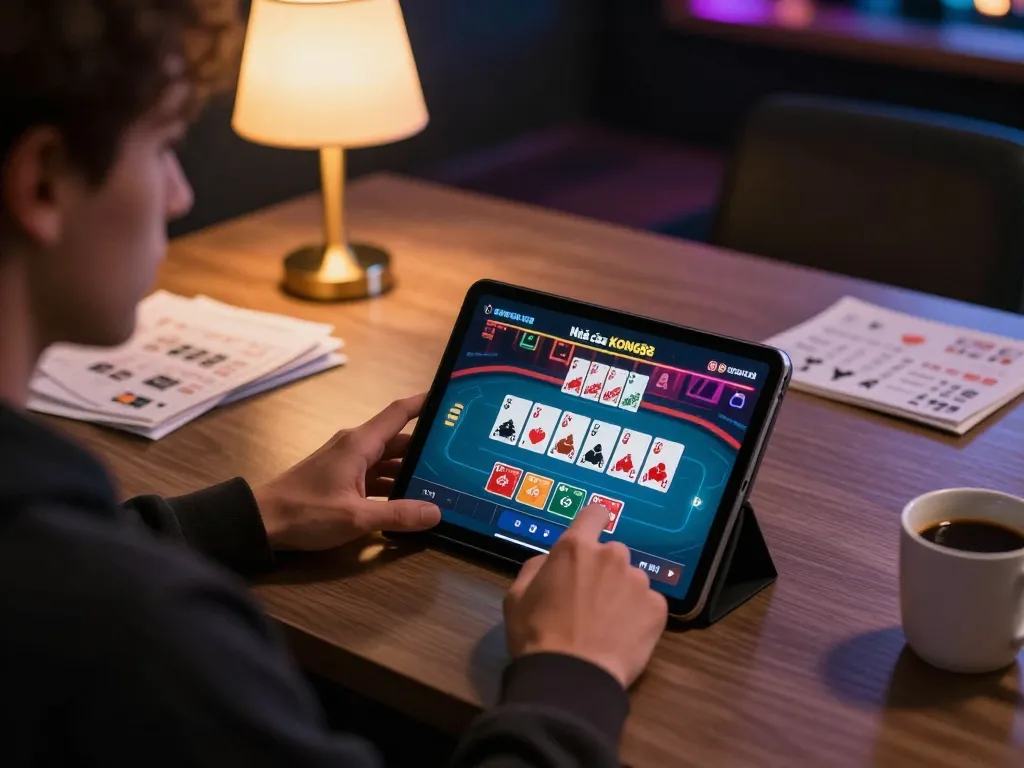 Engaging with Nhà cái KONG88 while strategizing online poker gameplay in a cozy home setting