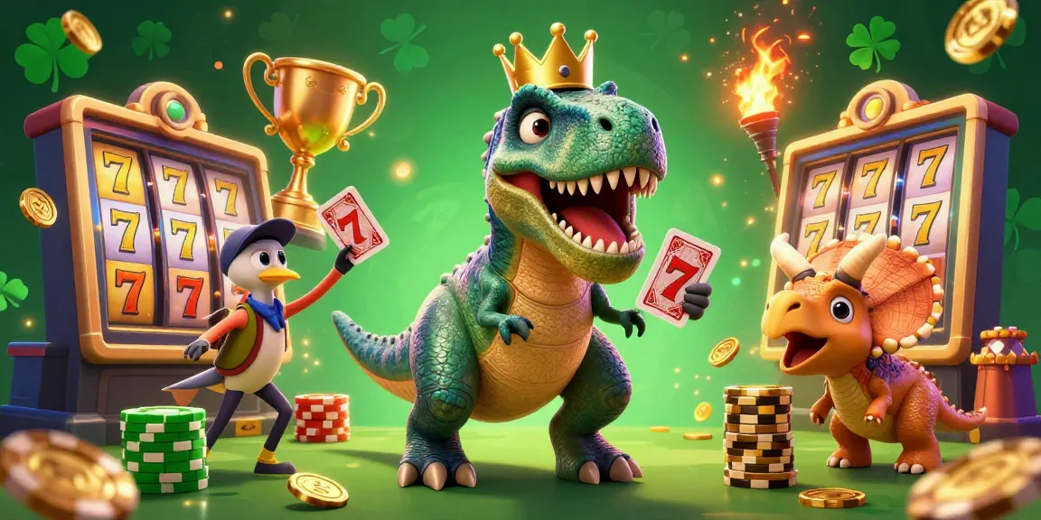 Win big at o8 with a dynamic casino scene featuring playful dinosaurs and spinning slots.