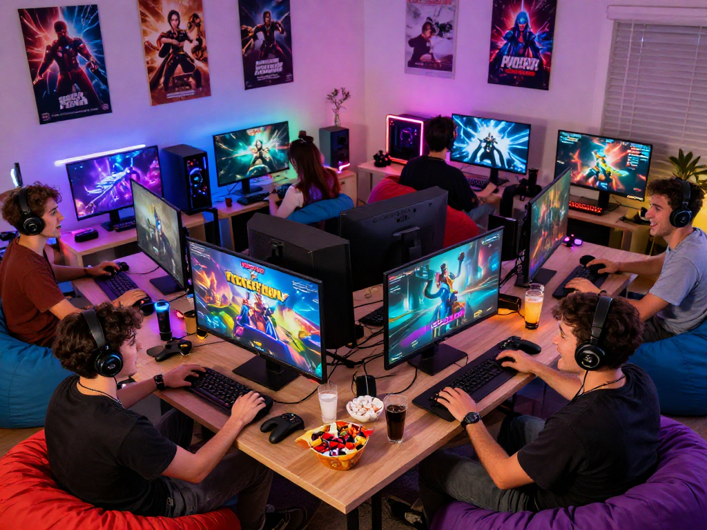 Engaged gamers playing porn game online in a cozy gaming room.