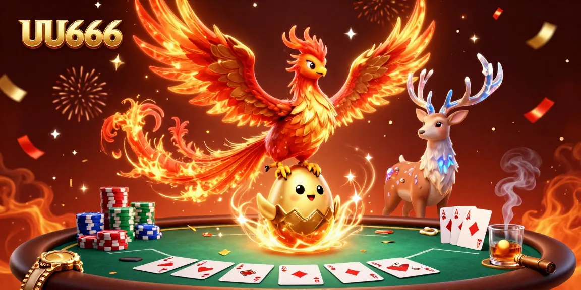 Join the excitement of UU666 with a dazzling poker scene featuring phoenixes and championship elements.