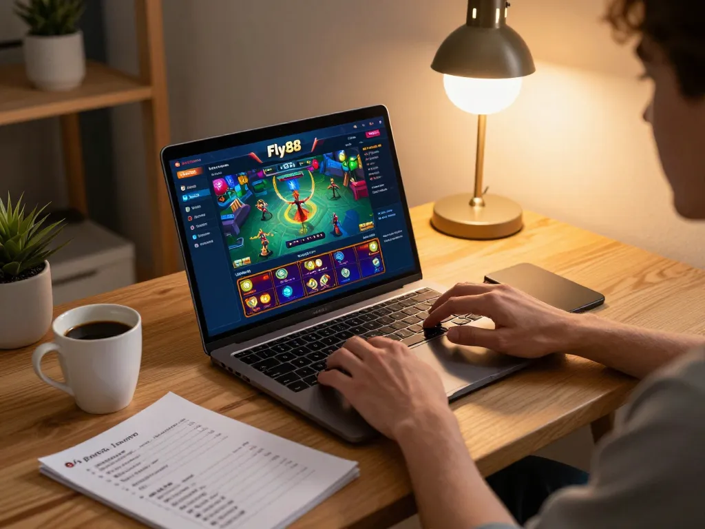 Engaged user playing online casino games at https://xfly88.com/ on a laptop, showcasing a cozy home setup.