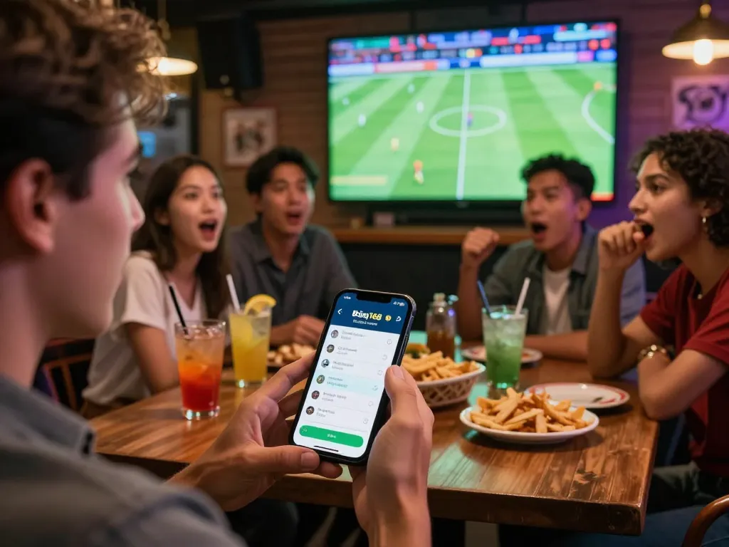 Bóng đá Bet168 betting action as a person engages with a live sports app while watching a football match.