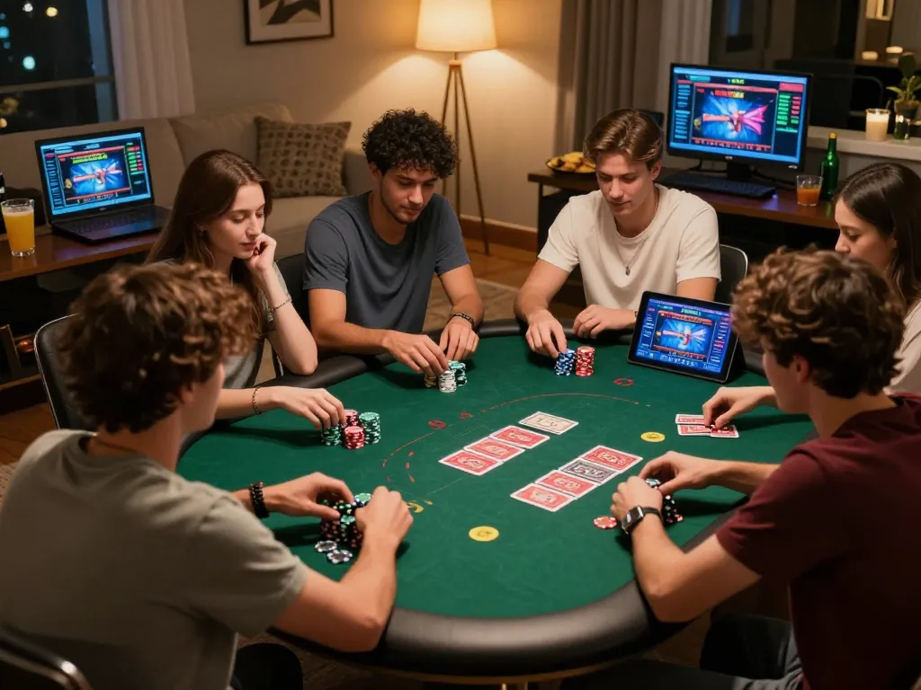 Friends enjoying poker night at home with iwin gaming interface visible on laptops, vibrant setting.