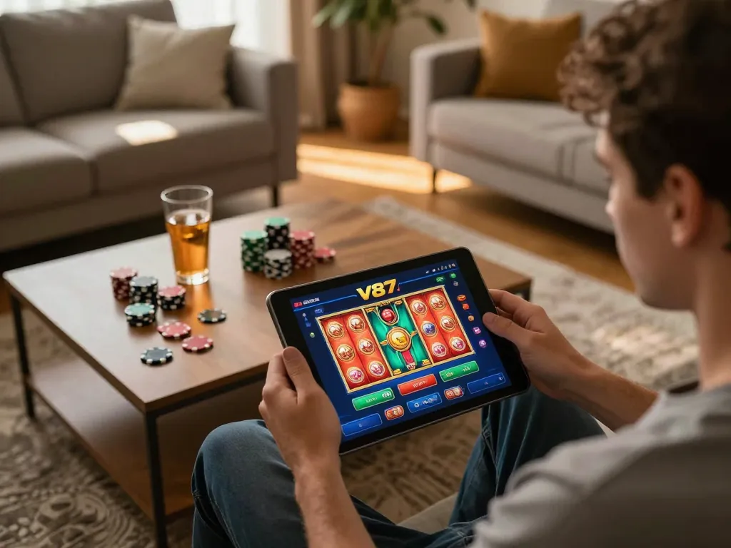 Pemain yang menggunakan aplikasi kasino v87 di tablet di ruang tamu yang nyaman, menggambarkan pengalaman perjudian online