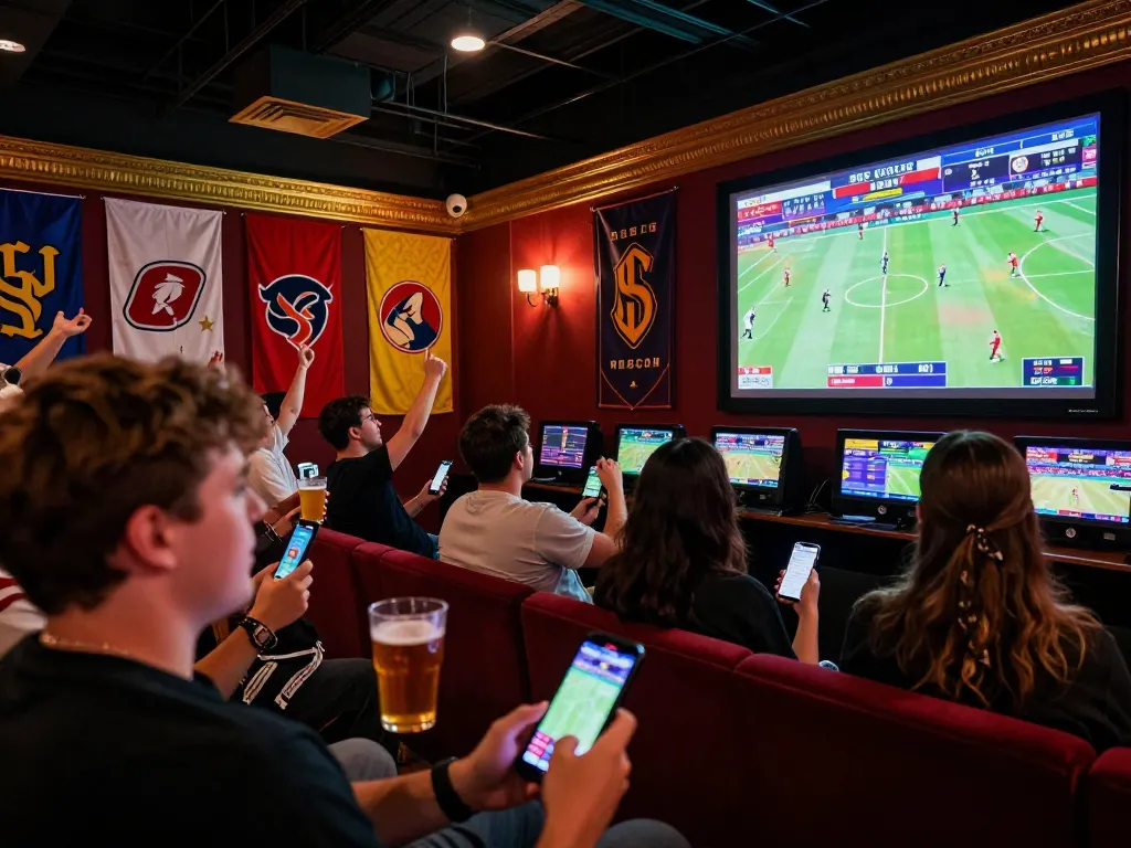 Fans engaging in sports betting excitement at 7mz with mobile devices and lively interaction.