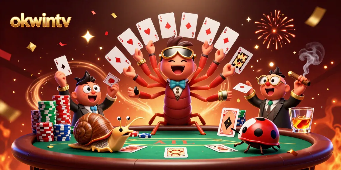 Experience exciting gameplay with okwintv's vibrant and dynamic poker-themed art featuring colorful chip stacks and a playful dealer.