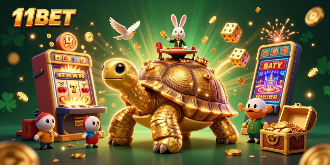 Engage with 11BET's vibrant casino world of golden tortoises and slot machines.