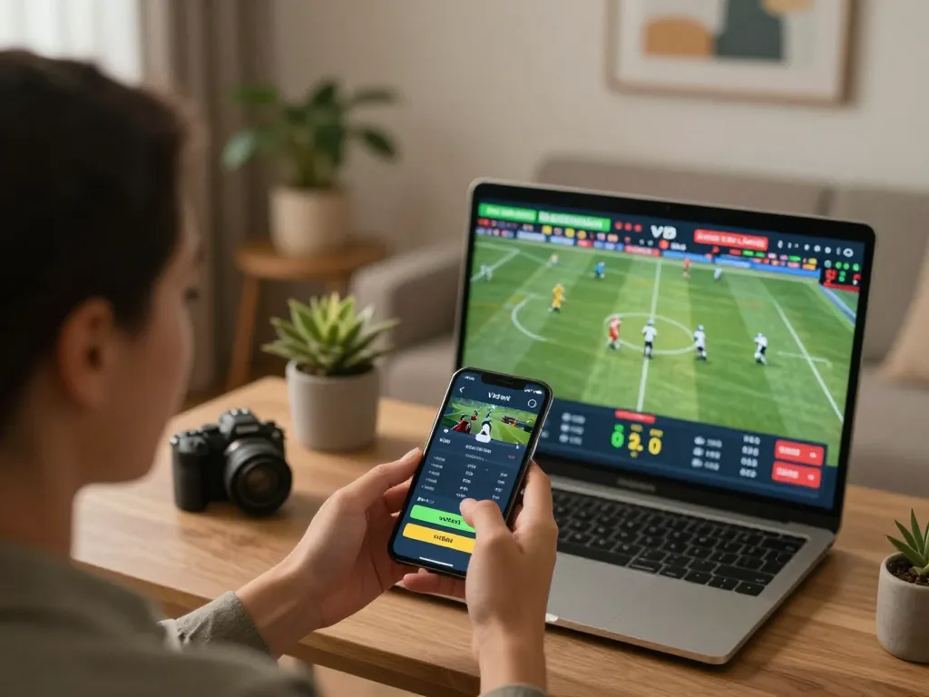 Placing a sports bet using the vsbet app on a smartphone from a cozy living room.