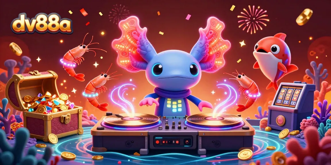 Experience the vibrant underwater casino world with dv88a's axolotl DJ and friends celebrating wins.