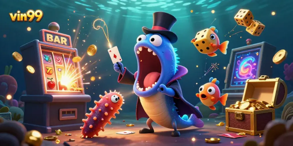 Engage in thrilling gameplay at vin99 with an underwater casino scene showcasing animated characters and vibrant winnings.