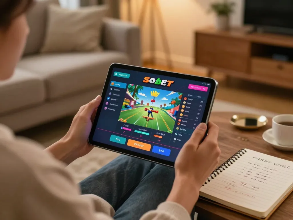 Sbobet gaming experience at home, engaging with online casino games on tablet.