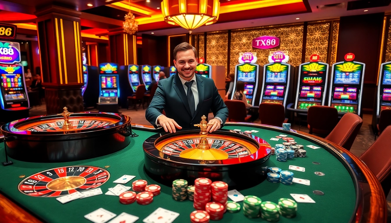 Get ready to win big at TX88 with vibrant casino aesthetics featuring roulette, chips, and excited players.