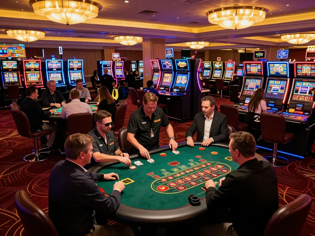Players engage in lively nổ hũ games at a vibrant casino, showcasing dynamic gameplay and excitement.