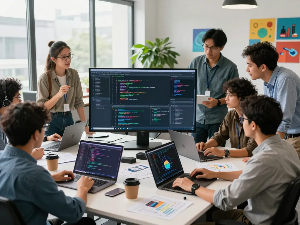 Team of developers collaborating on hbet tech visualizations in modern office.