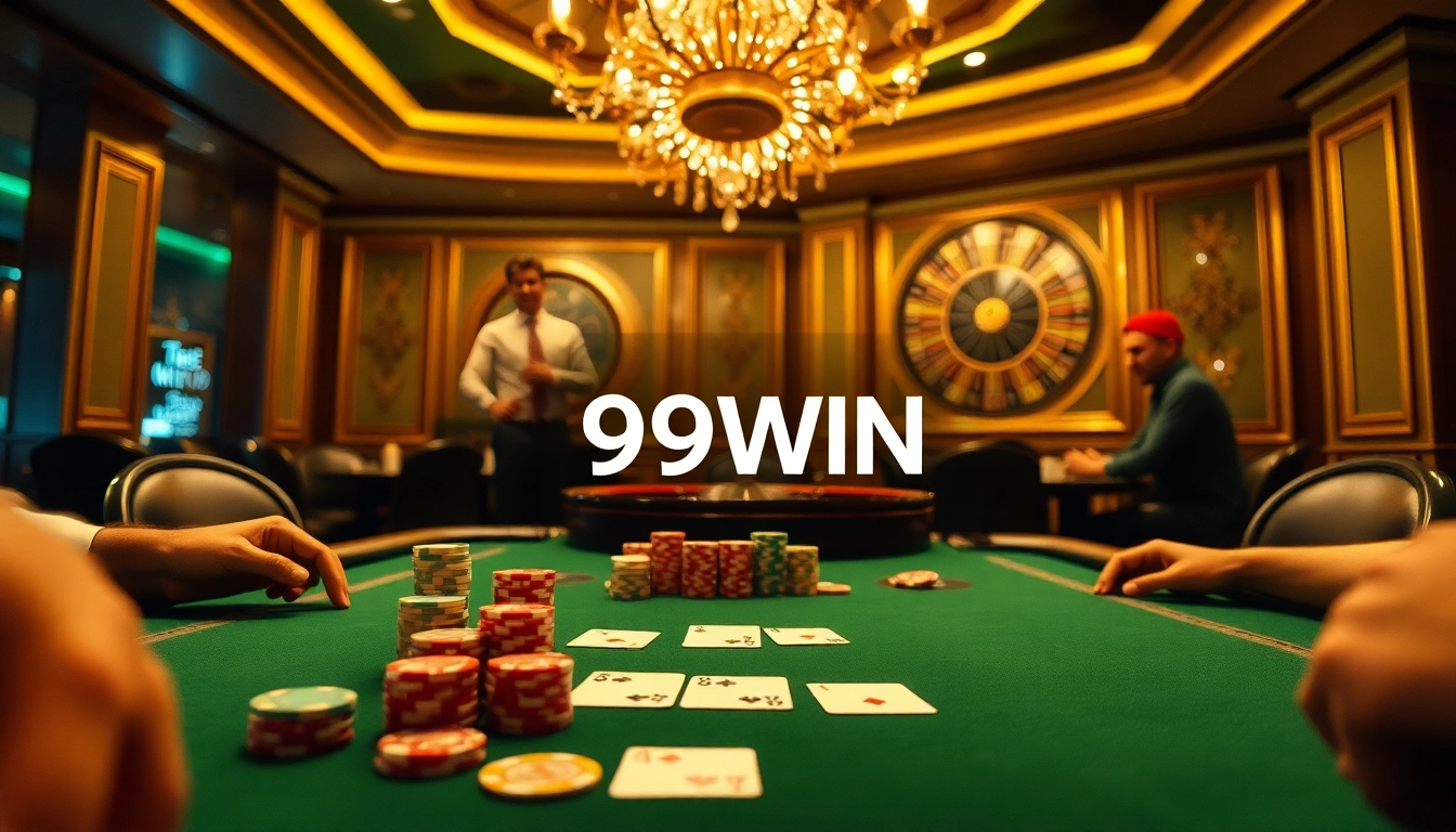 Experience thrilling gameplay at 99WIN's luxurious casino tables with poker chips and cards.