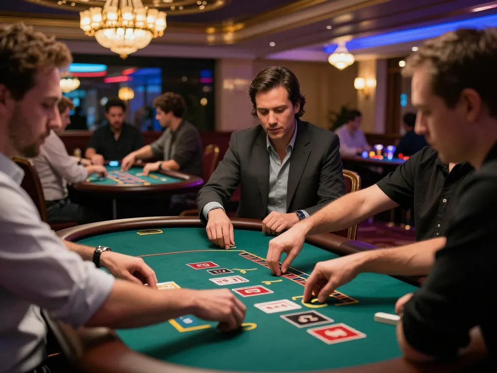 Players engaging in strategic Blackjack at net88's luxurious casino floor, showcasing elegant design and vibrant atmosphere.