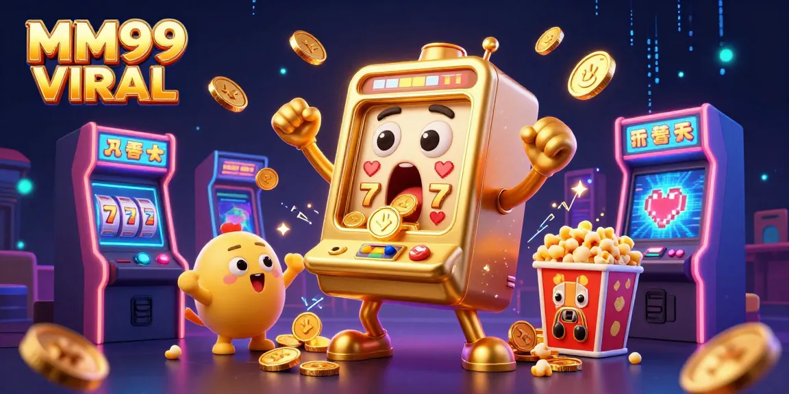 Spin to win in MM99 VIRAL! Cartoon golden slot machine celebrating a jackpot with cheering babies, vibrant arcade elements.