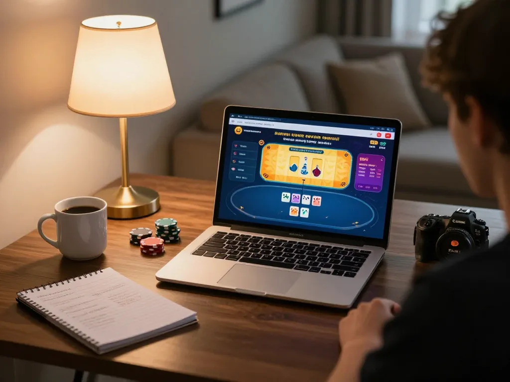 Player strategizes winning moves at okfun online poker table in a cozy home office.