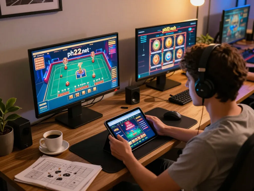 Person engaging with ph22.net.ph app while enjoying the thrill of online gaming at home.