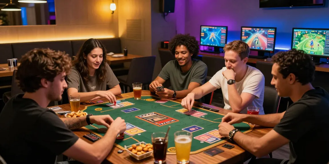 Friends enjoying a lively gaming night featuring iwin entertainment in a modern lounge.