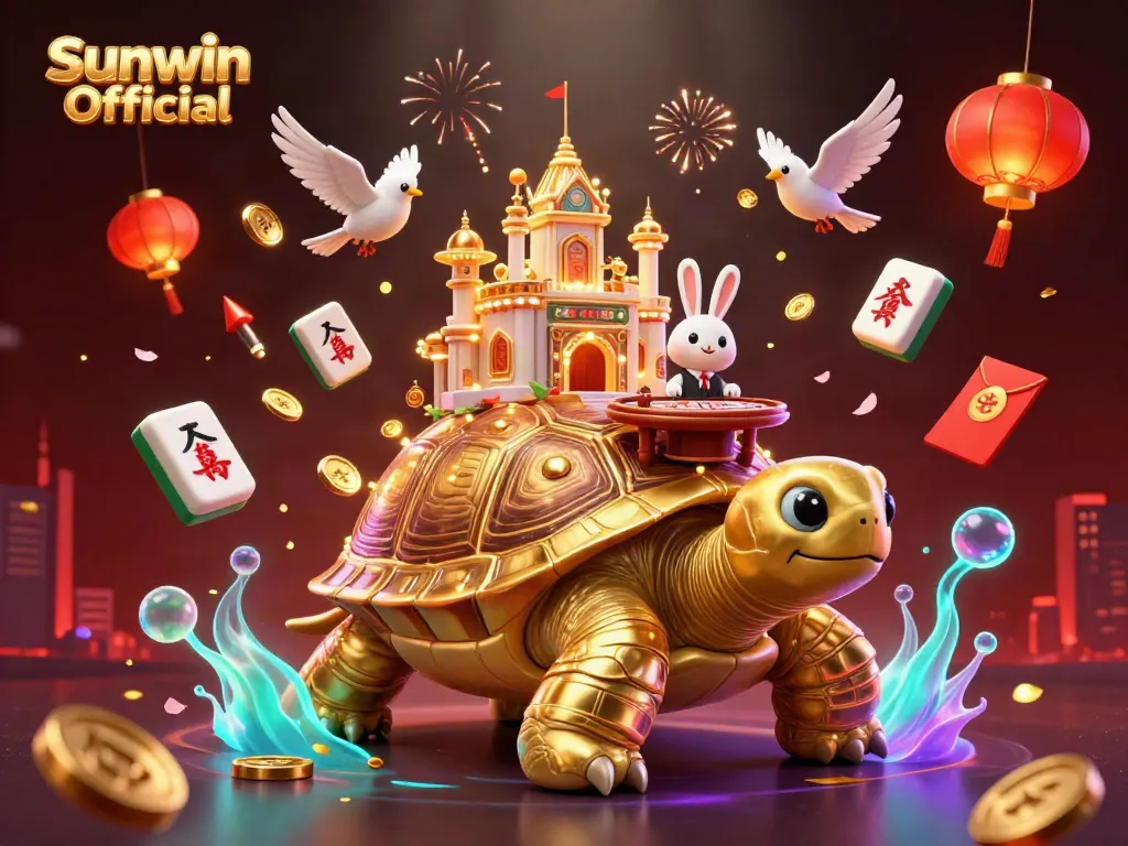 Engage with Sunwin Official at the vibrant casino scene featuring the golden tortoise and rabbit dealer.