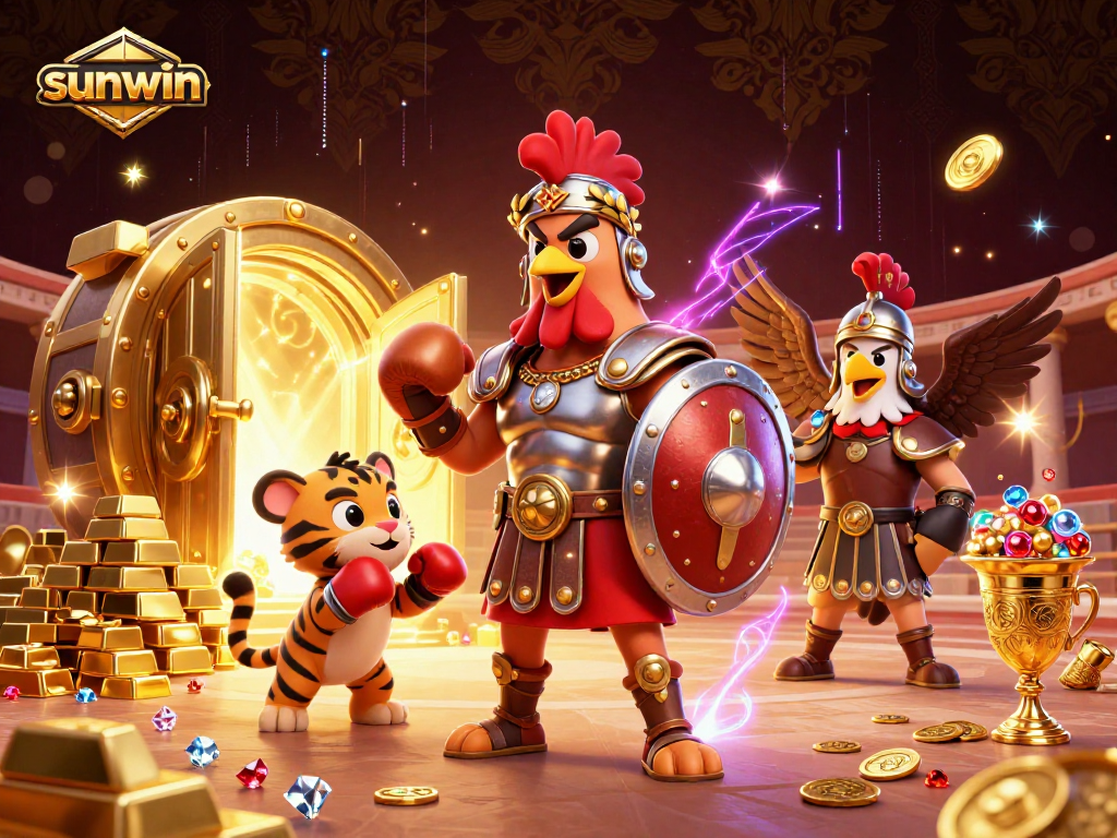 Engage in thrilling gameplay with sunwin, featuring a gladiator rooster and treasures in a dynamic scene.