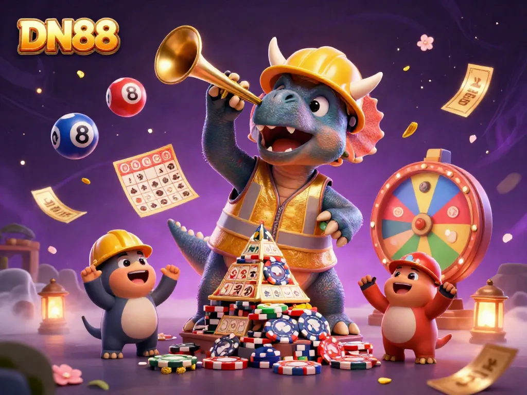 Celebrate winning at DN88 with a cartoon triceratops building poker chips amidst colorful games and excitement.