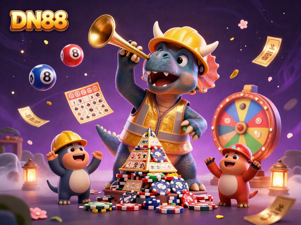 Celebrate winning at DN88 with a cartoon triceratops building poker chips amidst colorful games and excitement.