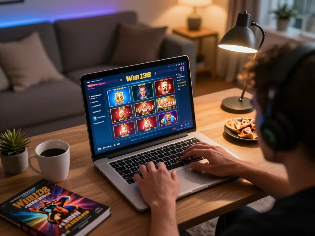 Play online casino games at Win138 with a cozy home setup, highlighting engaging gameplay.