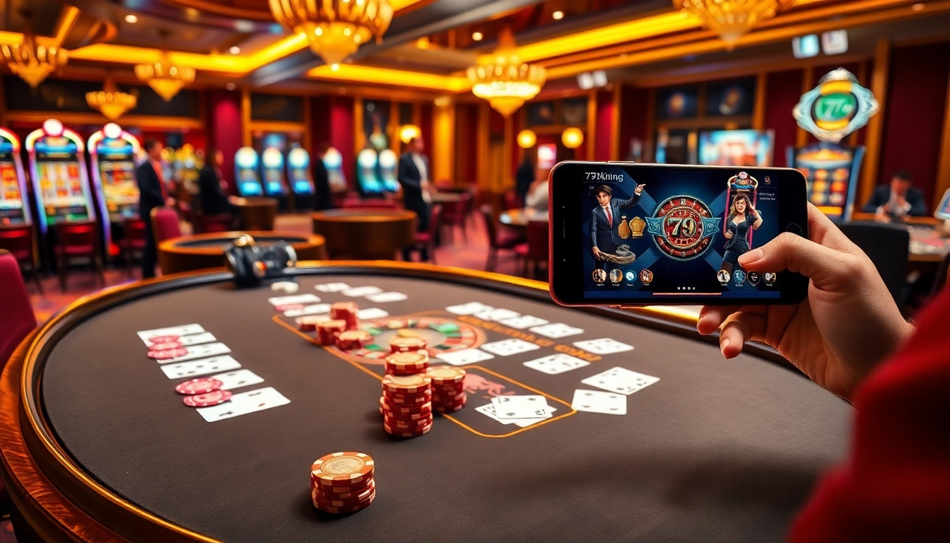A player enjoying their time at 79king with vibrant poker chips at a luxury casino table.