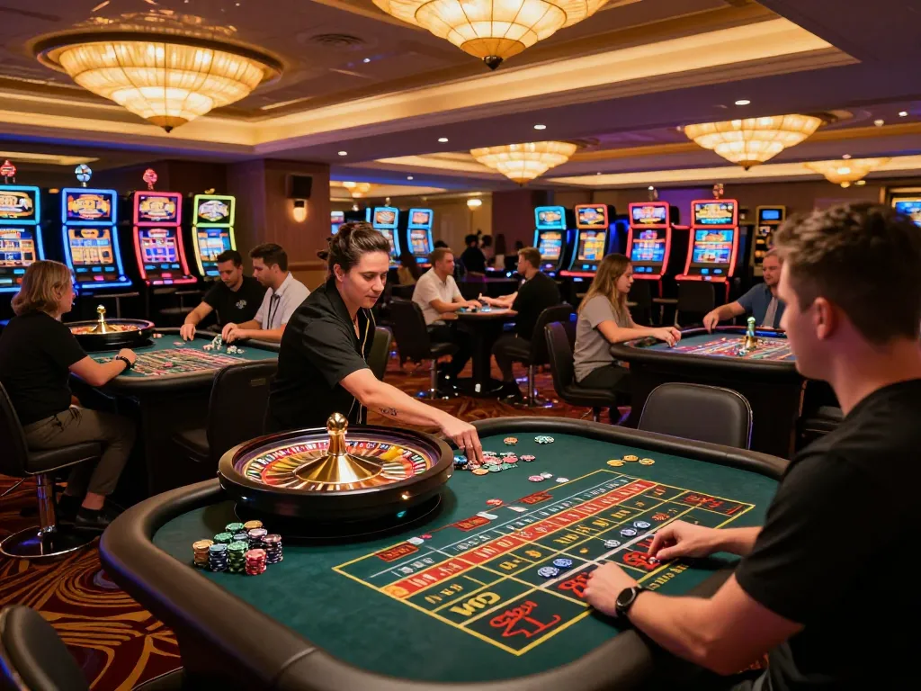 Experience the thrill at 78WIN's vibrant casino floor with active roulette games and excited players.