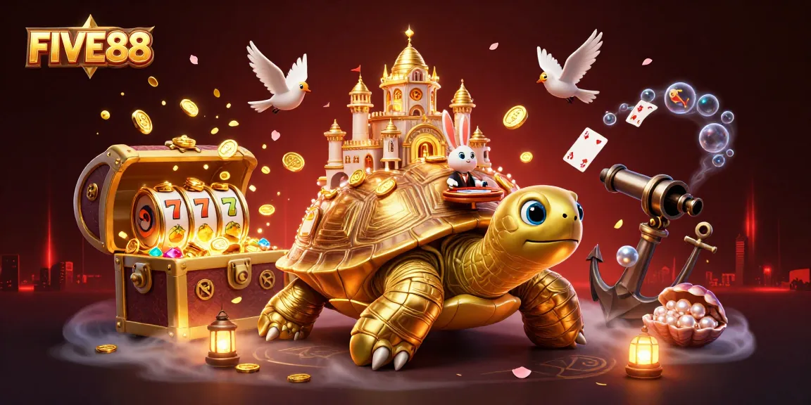FIVE88 thrilling casino scene with a giant tortoise, rabbit dealer, and dynamic slot machine elements.