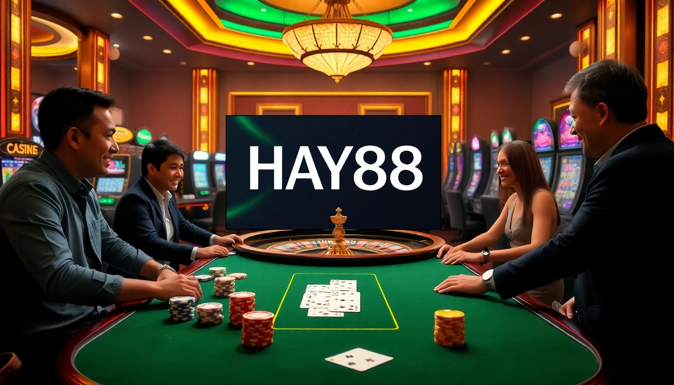 Experience the thrill of HAY88 with vibrant gambling elements like poker chips and a roulette wheel.
