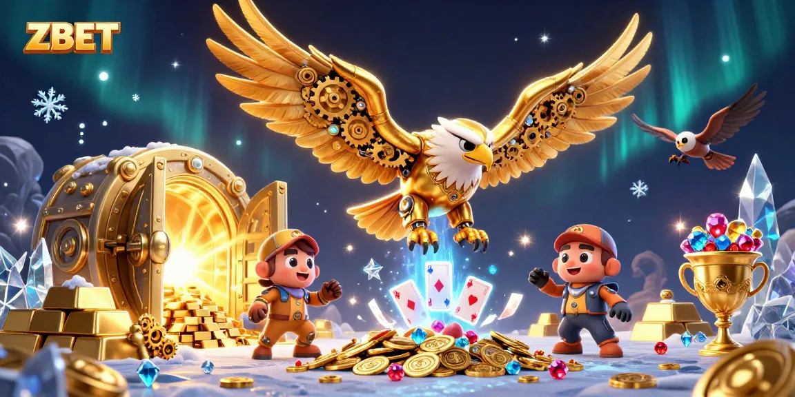 ZBET showcases exciting gameplay with a cybernetic eagle soaring through holographic cards and dazzling treasures.