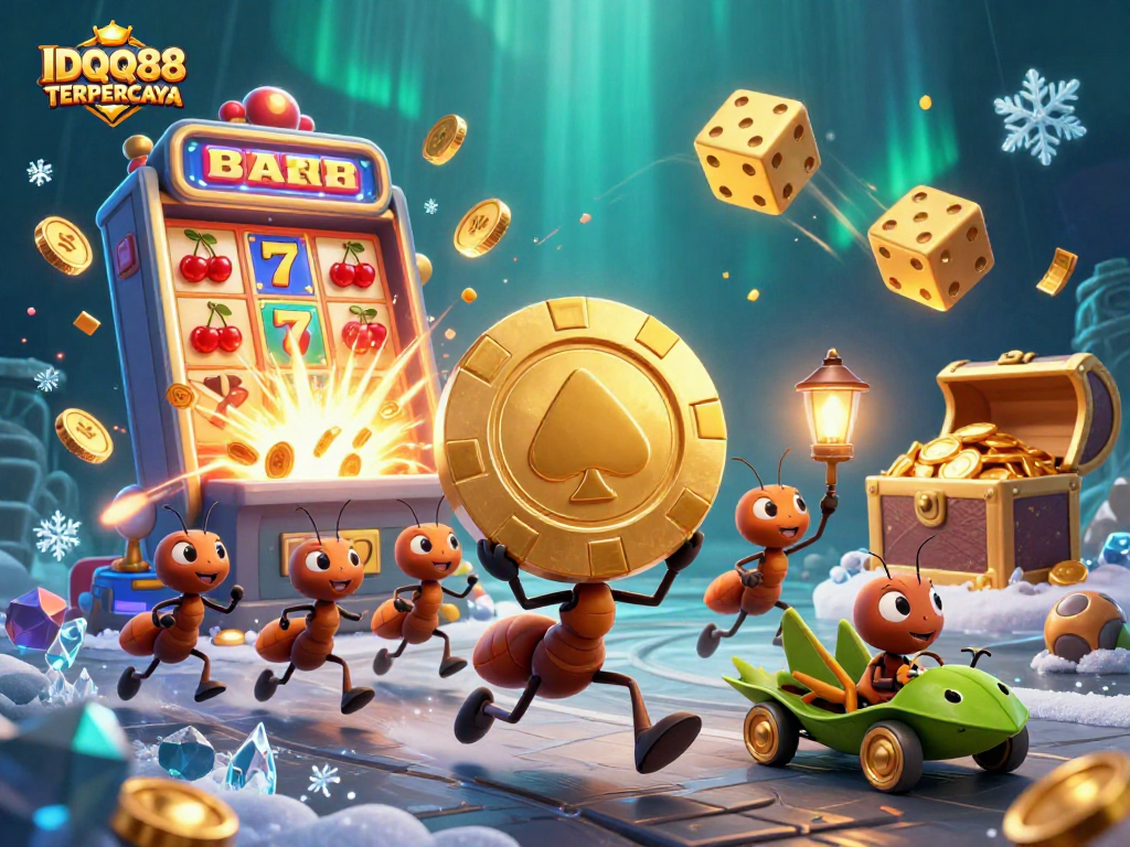 IDQQ88 TERPERCAYA showcases a thrilling gambling scene with ants on a poker heist amidst vivid casino elements.