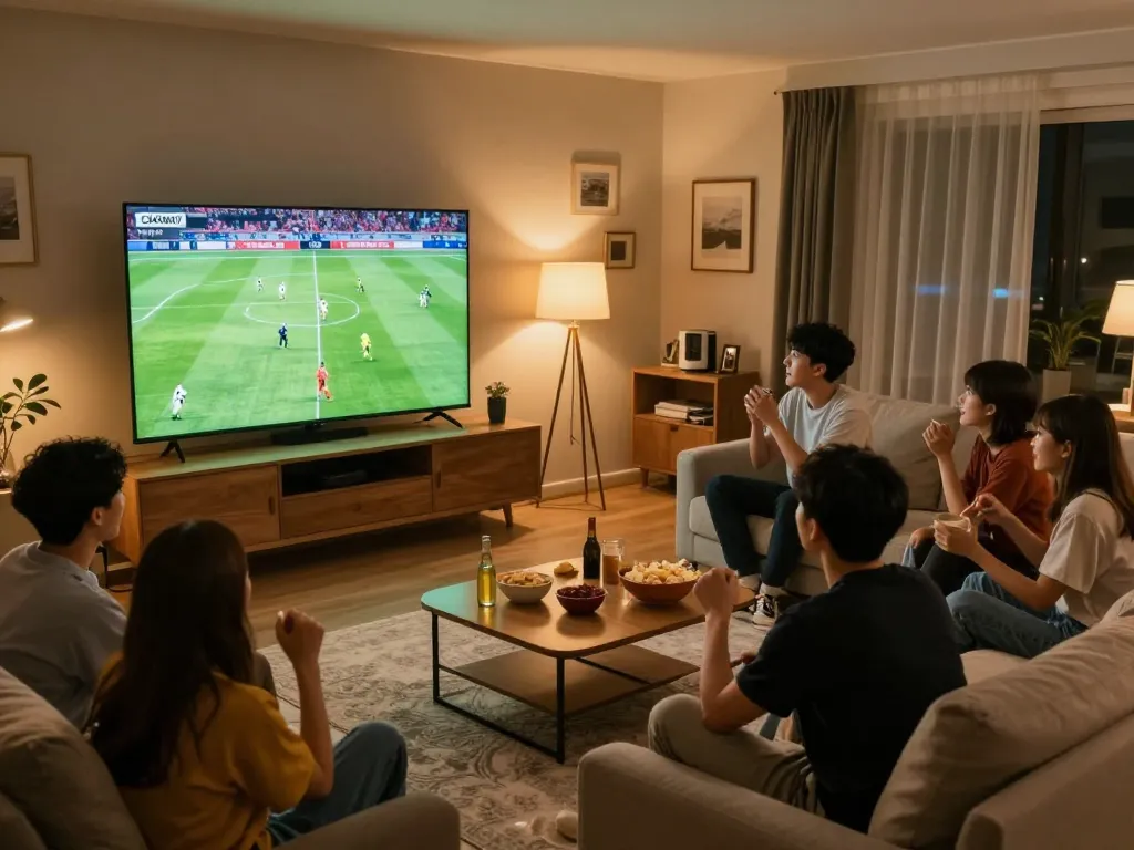 Person enjoying a live football match streaming on CAKHIATV in a cozy setting with friends.