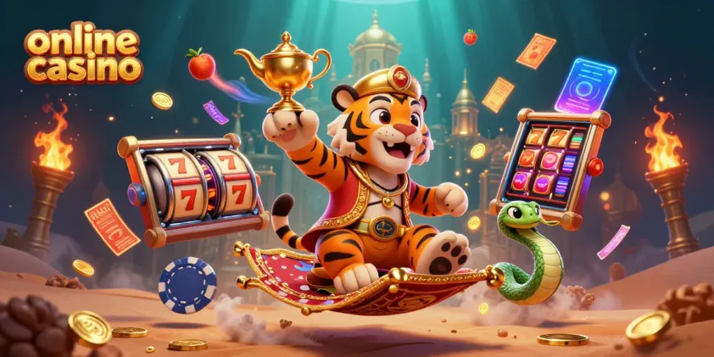 Engage in an online casino adventure with a sultan and genie amidst casino elements and a vibrant backdrop.