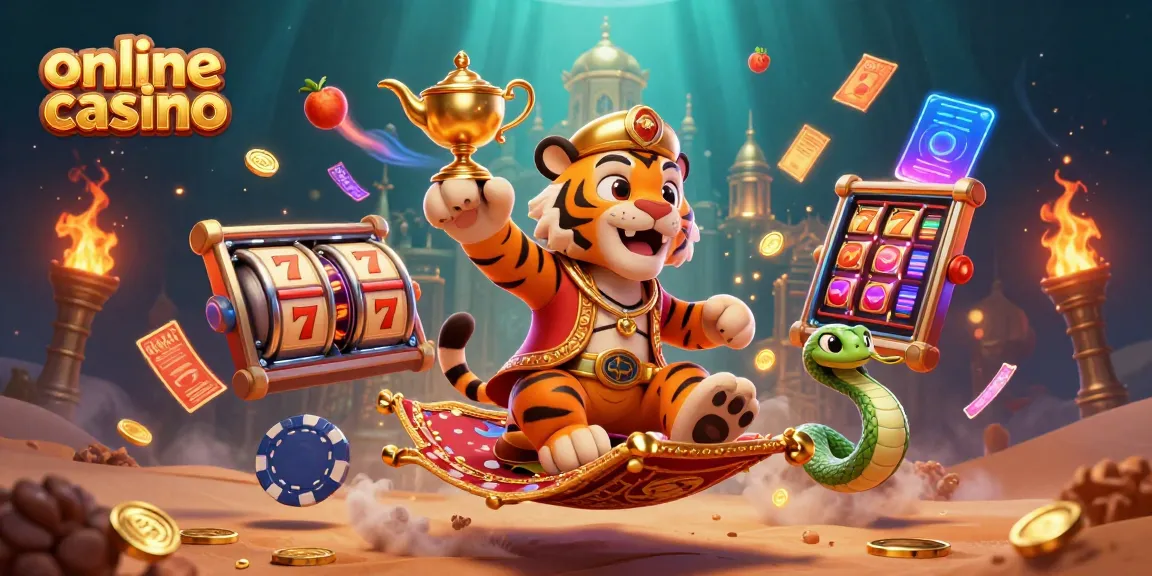 Engage in an online casino adventure with a sultan and genie amidst casino elements and a vibrant backdrop.