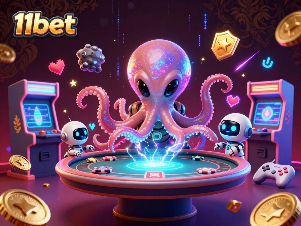 Engage with 11bet in this vibrant 3D casino scene showcasing an alien octopus at a holographic poker table.