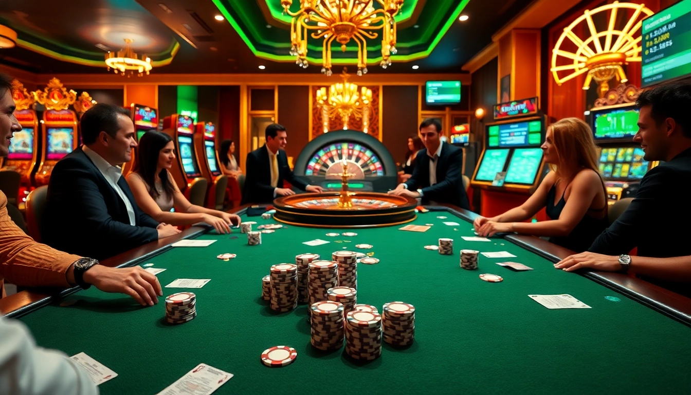 An exciting poker game scene showcasing ok365.com, featuring poker chips and cards under luxurious casino lighting.