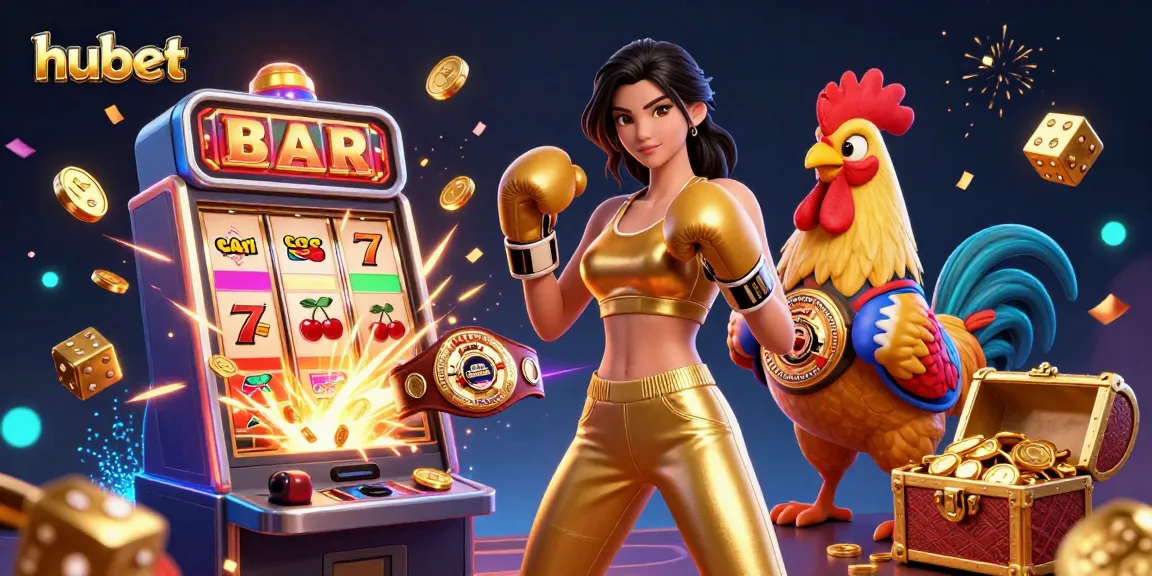 Experience thrilling jackpots with hubet's vibrant 3D casino scene featuring a champion rooster and golden treasures.