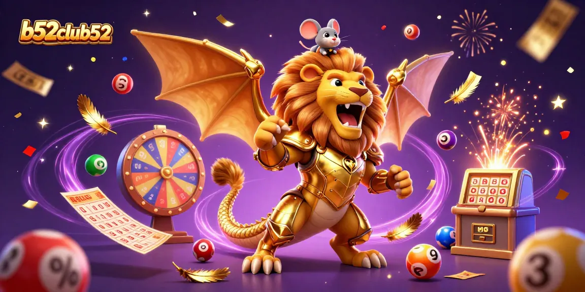 B52Club52's vibrant casino adventure, featuring a chimera, lottery balls, and festive effects.