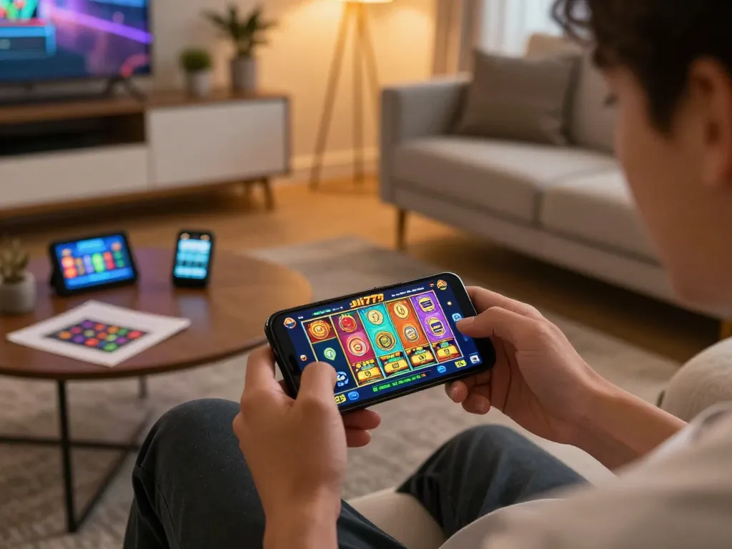 Engaging in online gambling with Jili777 app on smartphone in a cozy home setting.