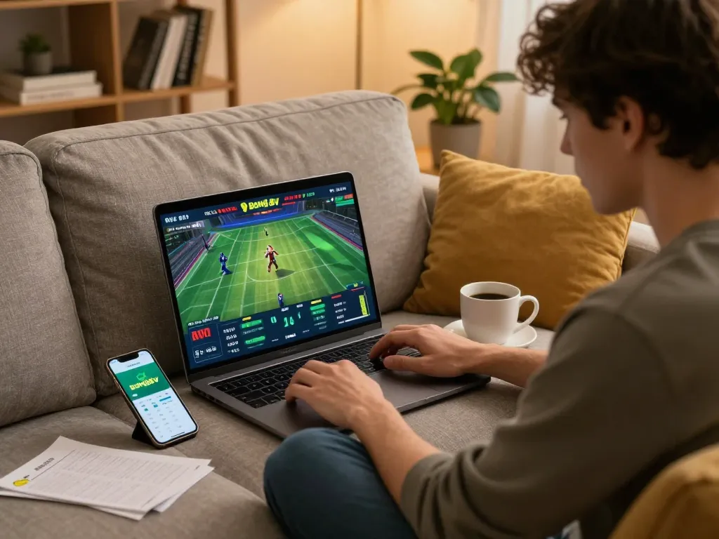 bong88v user enjoying online sports betting on a laptop in a cozy home setting with warm lighting.